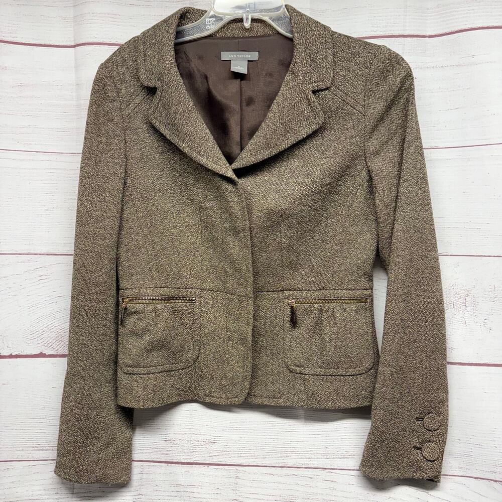 Ann Taylor Wool Silk Blend Tweed Blazer Jacket Brown Zipper Pockets Size 6